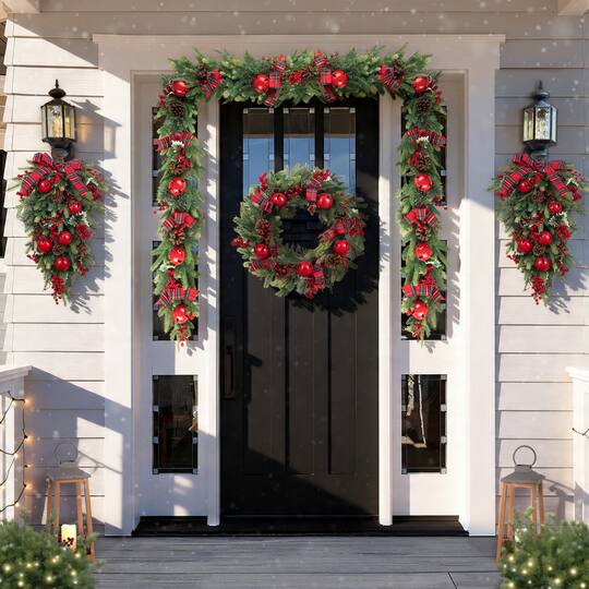 Glitzhome® 28" Christmas Bell Pinecone & Berry Bow Teardrop, Set of 2